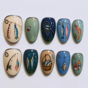 Handmade Fishing Theme Press On Nails | Vintage Lake Life Hand Painted Fish Art | Coastal Cottage Summer Short Square Fake Nails