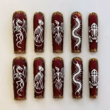 Handmade Gothic Skeleton Press On Nails | Dragon Cat Bird Fossil Bone Art | Dark Academia Burgundy Gold Fantasy Fake Nails