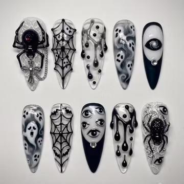 Spooky Ghost Halloween Press on Nails | Black and White Creepy Fake Nails | Spider Eye Gothic Glue on Nails