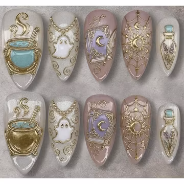 Whimsigoth Press On Nails | Pastel Witchy Fake Nails | Cute Ghost Halloween Nails | Gold Celestial Nails | Magic Potion Nails