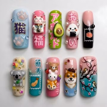 Handmade Kawaii Animal Press On Nails | Japanese Lucky Charm Food Character 3D Nail Art | Cute Pastel Mismatched Fake Nails