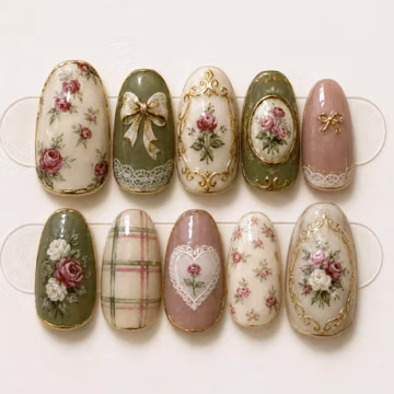 Handmade Vintage Floral Press On Nails | Romantic Cottagecore Rose Nail Art | Victorian Olive Green Pink Coquette Fake Nails