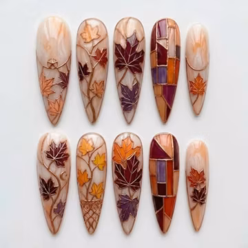 Handmade Autumn Stained Glass Press On Nails | 3D Sculpted Maple Leaves and Copper Outlines | Fall Foliage and Mosaic Design
