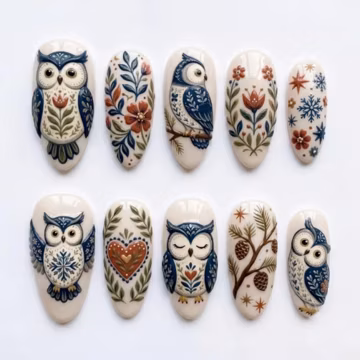 Handmade Autumn Owl and Floral Press On Nails | 3D Sculpted Owls, Pinecones and Hearts | Nordic Folk Art and Snowflake Design
