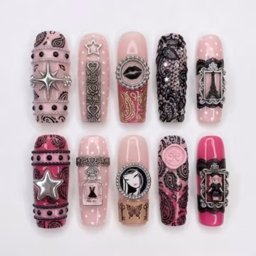 Handmade Pink and Black Y2K Glamour Press On Nails | 3D Sculpted Silver Stars, Perfume Bottle, Lace and Portrait Cameo
