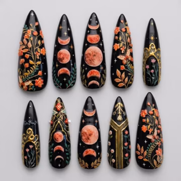 Handmade Gothic Moon Phase and Floral Press On Nails | 3D Sculpted Blood Moon, Vines and Gold Accents | Dark Celestial and Botanical Design