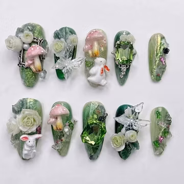 Handmade Enchanted Forest Press On Nails | 3D Mushroom, Bunny, Rose & Emerald Fairy Art | Almond Nails for Woodland Fantasy