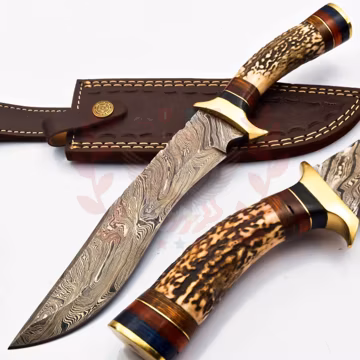 Personalized 10 inch Damascus Steel Hunting knife Handle Deer Antler W leather Cover Handle Clip shape could be different than in the Pics