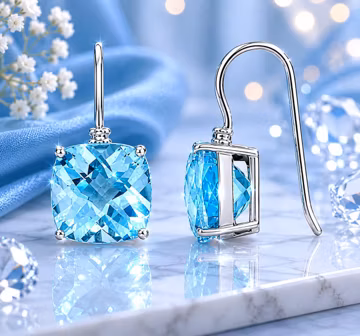 Lab Grown Swiss Blue Topaz Cushion Cut Dangle Earrings – Sterling Silver Gemstone Drops Jewellery gift