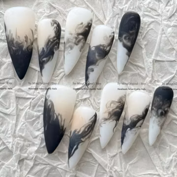 Marble Press-On Nails, Deep Blue Smoke Fake Nails, Abstract Fluid Reusable Manicure, MO942
