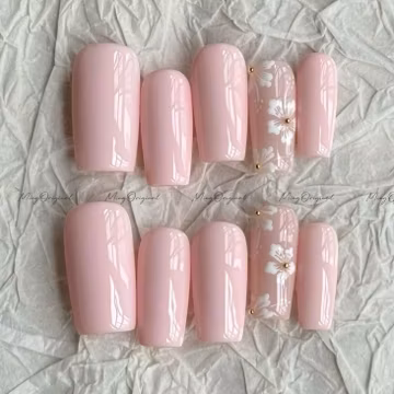Pink floral Press on Nails, pastel Pink Handcrafted little white flowers, gift for her MO665