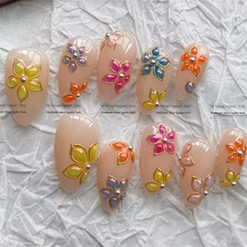 3D Flower Press on Nails, Clear Stained Glass Fake Nails with Gold Outline, MO1046