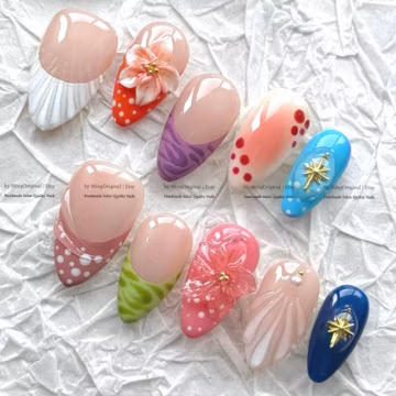 Seashell Press on Nails, Summer Beach Fake Nails with 3D Flower Starburst, MO1153