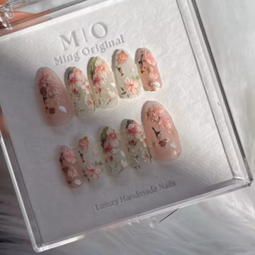Reusable Pink sakura flower nail, bird nail, Premium Press on Nails, Fake nails, Nail Artist Faux Nails, Handmade gel art Nails, Matte Nails