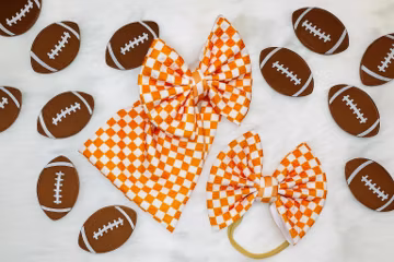 Orange and White Checker Football Baby and Toddler Bow on Headwraps, Headbands, Clip Ons