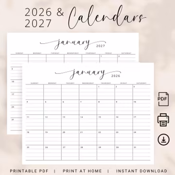 2026 2027 Calendar Lined 2026-2027 Monthly Planner with Lines Landscape Elegant Minimalist Printable PDF A4 US Letter Sunday & Monday Start