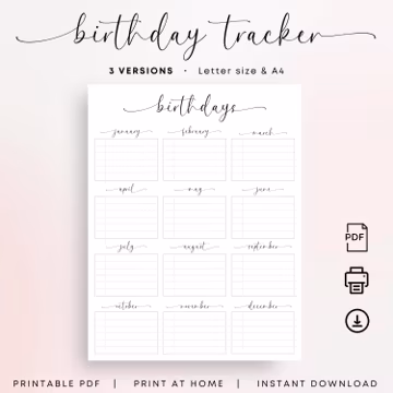 Birthday Tracker Printable Birthday Calendar Birthday Reminder Family Birthday Planner PDF A4 Letter Size Elegant Birthday Organizer B'day
