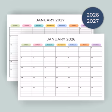 2026 2027 Monthly Calendar with Lines PRINTABLE PDF 2026 2027 Planner Lined Landscape Calendar Minimalist Color A4 Letter Instant Download