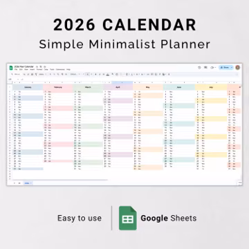 2026 Calendar Google Sheets Template Editable Monthly Digital Planner Minimalist Yearly Spreadsheet 2026 Online Calendar Template Simple