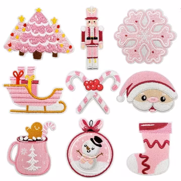 Christmas Patches,Pink Embroidery Santa,Candy Cane,Gingerbread Man,Christmas Tree Patch,Snowflake,Snowman,Christmas Socks,Iron On Patch