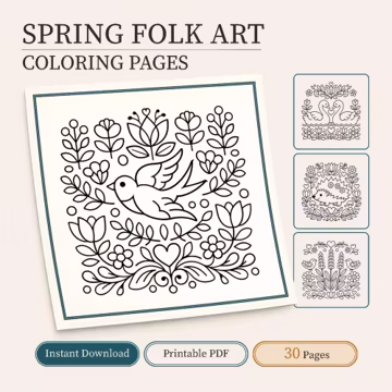 Spring folk art coloring book for fall coloring of 30 bold & easy PDF pages | Digital download