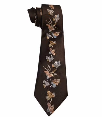 VTG 70s Sears The Mens Store Crane Bird Leaf Embroidered Brown Poly Wide Necktie