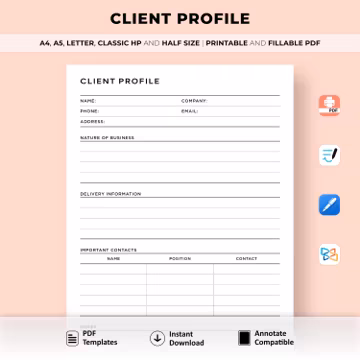 Business Client Profile Template, Client Log, B2B client information tracking sheet, Direct Sales Planner, Customer information sheet, A4,A5