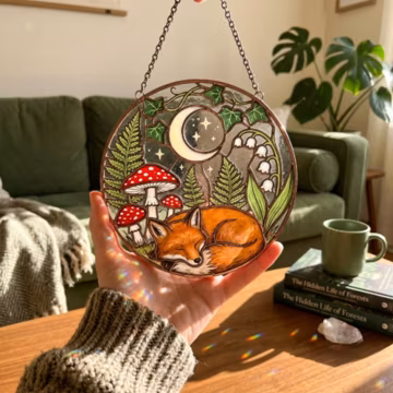 Sleeping Fox Stained Glass Suncatcher, Woodland Forest Window Hanging, Moon & Mushroom Sun Catcher, Nature Lover Home Decor Gift