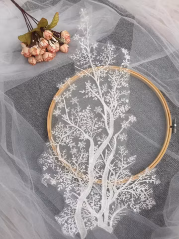 Snowflake Embroidery Lace Applique, Clear Sequins Leaf Branch Lace Motif, Off white Lace Patch Sewing on Bridal Wedding Dress, Bridal Veil