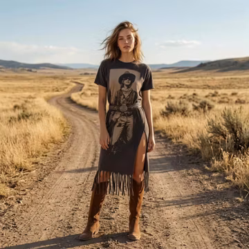 Vintage Western Maxi Dress, Boho Tassel Split Hem, Printed Summer Cowgirl Style