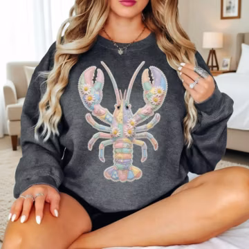 Pastel Lobster Sweatshirt, Coastal Grandma Aesthetic Crewneck, Beach Summer Lobster Shirt, Ocean Lover Sweatshirt, Printed Design Not Patch