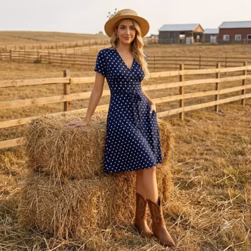 Personalized, Boho Dress Polka Dot Wrap Midi Dress with Pockets Women