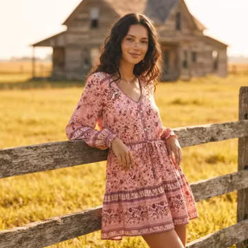 Floral Boho Mini Dress for Women, Tie Neck Long Sleeve Dress, Cotton Ethnic Print Dress, Vintage Summer Vacation Sundress