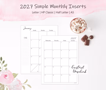 2027 Monthly Planner Inserts: Classic, Letter, A5, Half Letter (Printable)