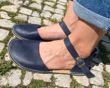 Blue Minimalist Barefoot Handmade Leather Women Sandal, Comfortable Wider, Flexible Rubber Sole.