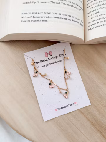 gold beaded bookmark charm with cherries and hearts, bookmark accessory, bookish accessory, kindle charm