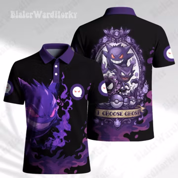 Gengar Polo Shirt Funny Legendary Ghost Purple Manga Zip Polo Video Game Gifts