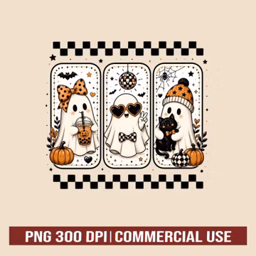 Retro Ghost Sublimation Design, Halloween PNG Clipart, Spooky Checkerboard Ghost Bundle for T-Shirt Printing and Fall Crafts
