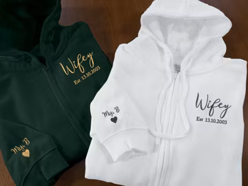 Custom Wifey Embroidered Zip Up Hoodie, Personalised Est Wedding Date Full Zip Hoody, Anniversary Matching Initial Wife Jumper, Couple Gifts
