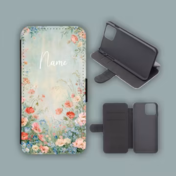 Personalised Vintage Wildflower Watercolour Flip Phone Case, Card Slot Wallet