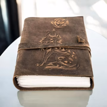Wolf Embossed Leather Journal, Handmade Deckle Edge Paper