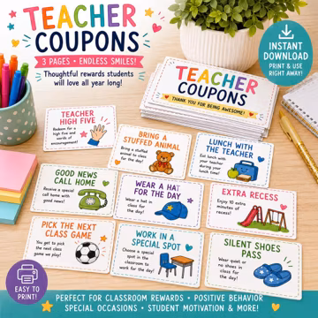 Teacher Reward Coupons Printable PDF | Classroom Reward Coupons for Students | Positive Behavior Reward System | Teacher Incentive Coupons