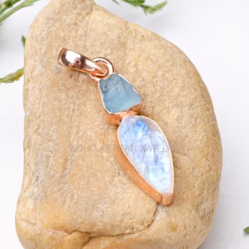 Raw Aquamarine Moonstone Pendant: Handmade 925 Sterling Silver Boho Necklace