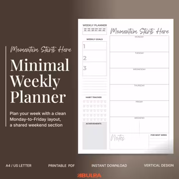 Minimal Weekly Planner Printable PDF, Monday Start, A4 & US Letter Momentum Starts Here