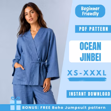Jinbei Sewing Pattern | Japanese Robe Pattern | Kimono Style Wrap Jacket | Easy Beginner Pattern | Instant Download | Women Sewing Pattern