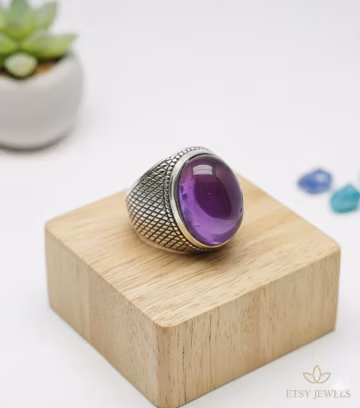 Natural Amethyst Sterling Silver Men's Ring – February Birthstone, Oval Cabochon, 10x12mm