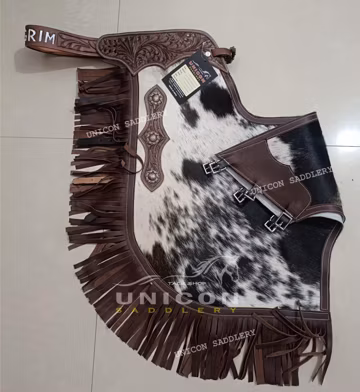 Custom Hair On Hide Leather Chinks: Hand Tooled Rodeo Chaps