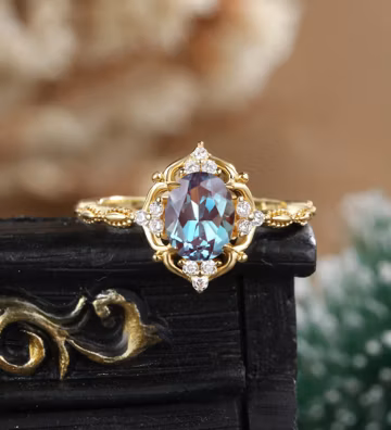 Oval Alexandrite Engagement Ring, Yellow Gold Halo Milgrain