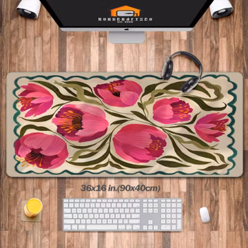 Summer Peony, Colourful Quirky Handrawn Mouse Pad, Large Desk Pad, Floral Desk Mats on Top of Desks, Neutral Office Desk Supplies, Botanical