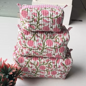 Handmade Cotton Cosmetic Bag, Boho Toiletry Bag, Indian Quilted Makeup Bag, Eco-Friendly Vanity Case, Holiday Gift Coin Zip Pouch/Beauty Bag